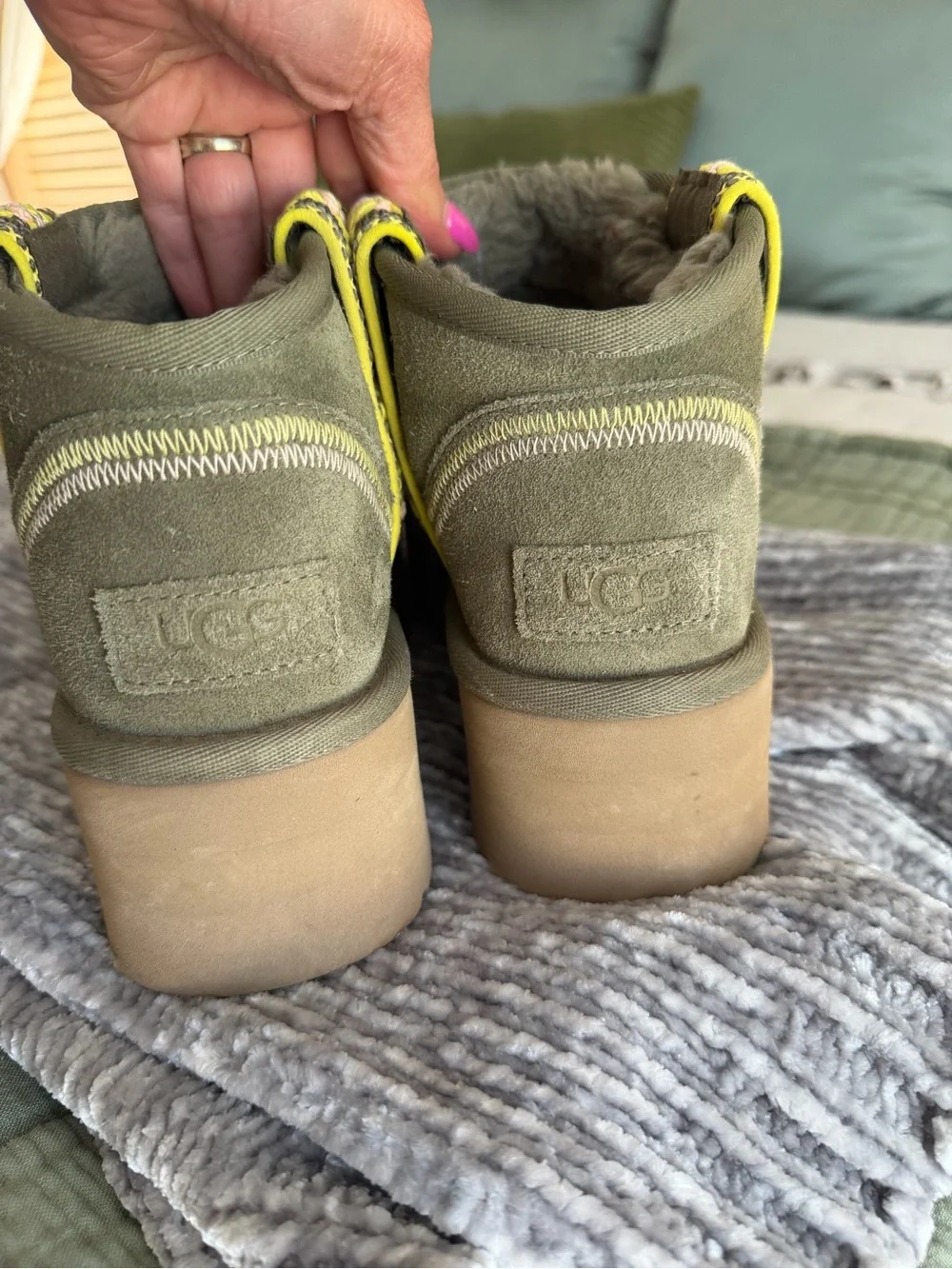 UGG Olive Suede Platform Ankle Boot with Yellow detail design Trim